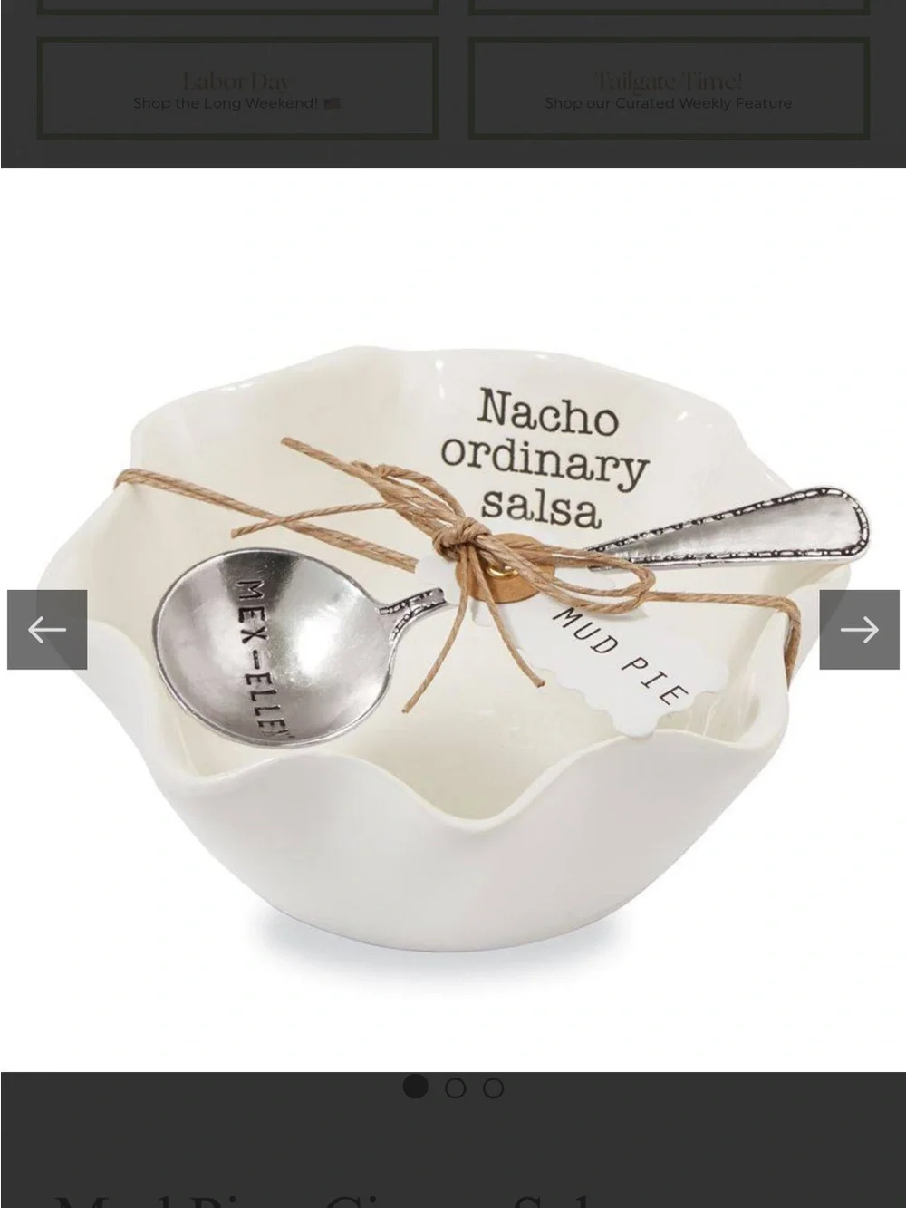 Mud Pie White “Nacho ordinary salsa” Ceramic Ruffled Dip Bowl with Spoon NWT